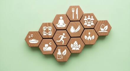 Hexagonal wooden tokens with symbolic engravings on a light green background