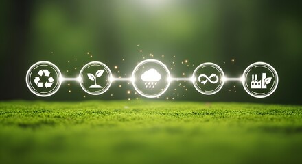 Sustainable technology and environmental icons on green background