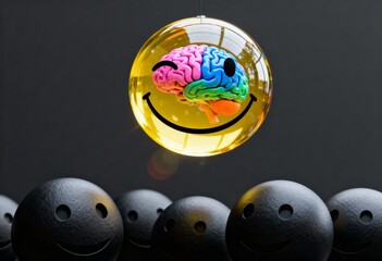 Unique smiling yellow sphere with colorful brain among black neutral faces symbolizing neurodiversity, spectrum identity, mental health and cognitive difference