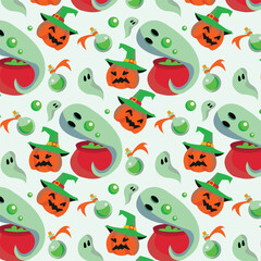 halloween pattern vector illustration of a smiling pumpkin wearing a wizard hat, accompanied by two friendly cartoon ghosts