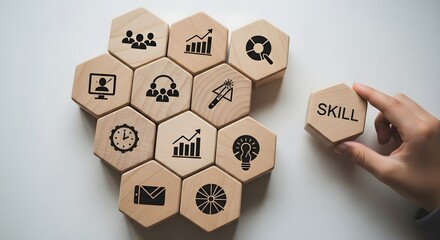 Wooden hexagonal blocks representing business skills and growth