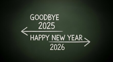 New Year Transition 2025 to 2026 Chalkboard Message: Goodbye 2025, Happy New Year 2026 with Arrows on Dark Green Background
