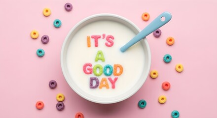 Colorful cereal bowl with positive message on pink background