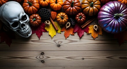 Spooky halloween scene with pumpkins skull and autumn leaves