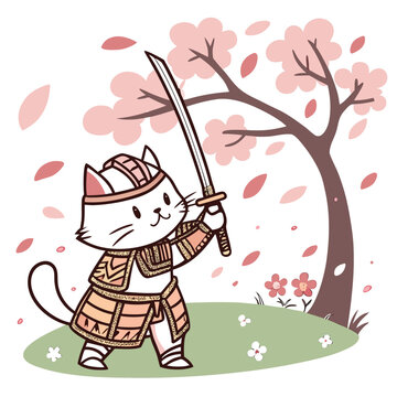 A white cat dressed in samurai armor holding a sword under a cherry blossom tree with falling petals