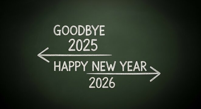 New Year Transition 2025 to 2026 Chalkboard Message: Goodbye 2025, Happy New Year 2026 with Arrows on Dark Green Background
