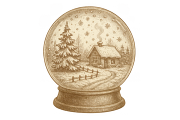 Snow globe illustrating winter scene with cozy house, christmas tree, and falling snowflakes, vintage sketch art, transparent background