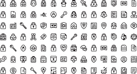 Comprehensive Set of Hand Drawn Icons for Security, Data, and Privacy Keywords: lock icon, padlock icon, shield icon, key icon, document icon, file icon, folder icon, computer icon, laptop icon