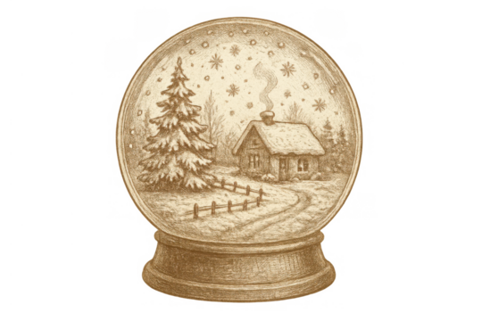 Snow globe illustrating winter scene with cozy house, christmas tree, and falling snowflakes, vintage sketch art, transparent background