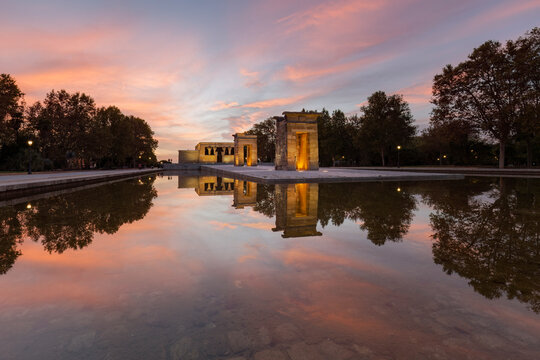 Temple of Debod in Madrid at sunset reflection view