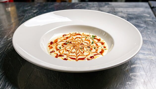 Creamy Dish with Caramel Swirls on White Plate