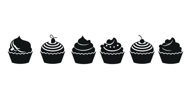 Six black silhouette cupcakes with different frosting designs dessert sweet