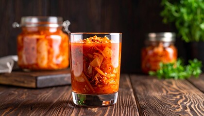 Glass of Kimchi on dark wood 