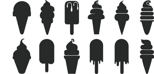 Collection of black ice cream cone and popsicle silhouettes on white frozen dessert sweet