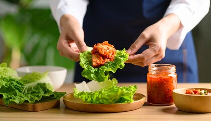 Hand Put Kimchi to Lettuce, Process Making Ssam, Lettuce Wrap. 