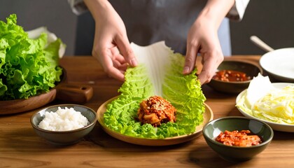 Hand Put Kimchi to Lettuce, Process Making Ssam, Lettuce Wrap. 