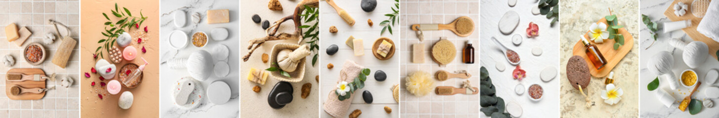 Collage of many spa supplies on light background, top view