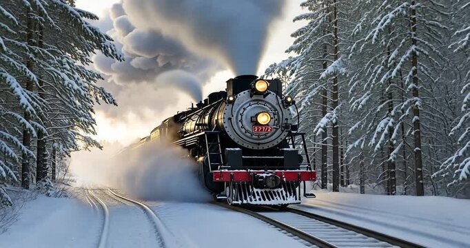 Vintage steam locomotive chugging through a snowy forest landscape at sunrise, creating a picturesque scene
