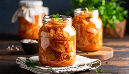 Homemade korean fermented kimchi cabbage salad, vegan, vegetarian preserved food 