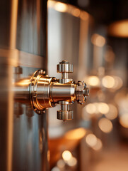 Detailed view of an industrial shiny metal valve with warm lighting reflecting off smooth surfaces in a modern manufacturing or brewing facility environment