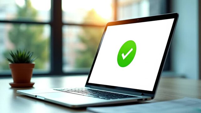 A laptop with a green checkmark on the screen sits on a wooden desk. A small potted plant is nearby. Natural light filters through a window in the background.