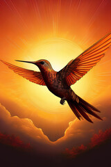 Hummingbird illuminated by warm halo, modeling perseverance, observation, and gentle progress, inviting youth to create solutions that honor biodiversity and community.
