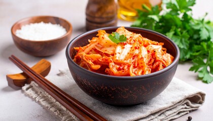 Kimchi cabbage. Korean appetizer in ceramic bowl, horizontal. 