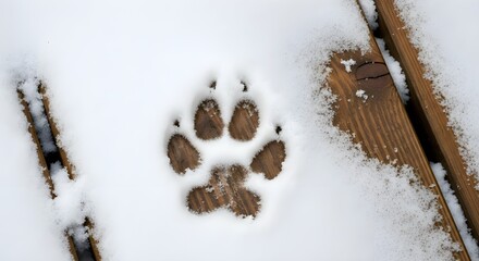 Animal paw print in fresh winter snow on wooden deck