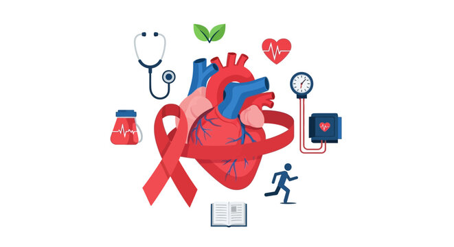 Essential Cardiovascular Health Concept Illustrative Elements for Heart Care, Medical Prevention, and Healthy Lifestyle Awareness
