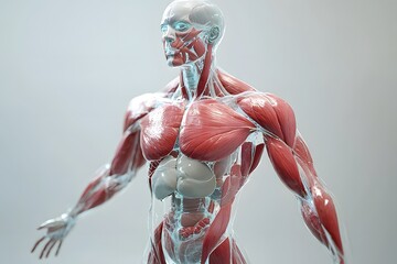 stylized 3D human anatomy diagram, muscles semi-transparent to reveal internal organ systems
