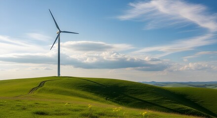 Fototapeta premium Wind Turbine on Rolling Green Hill Under a Blue Sky with Clouds