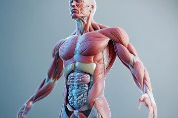 stylized 3D human anatomy diagram, muscles semi-transparent to reveal internal organ systems
