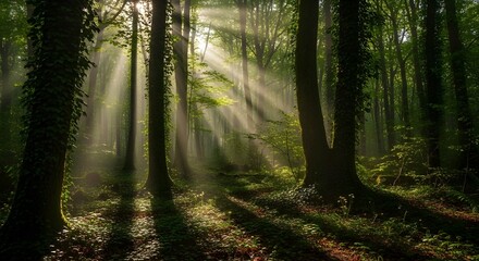 Obraz premium Misty Forest Sunlight Beams