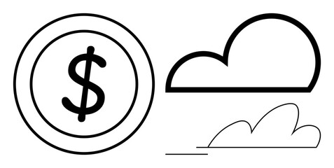 Dollar coin next to abstract cloud shapes. Ideal for finance, wealth, cloud storage, technology, savings, economy, and digital resources. Simple flat metaphor