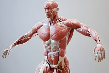 stylized 3D human anatomy diagram, muscles semi-transparent to reveal internal organ systems
