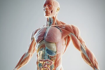 stylized 3D human anatomy diagram, muscles semi-transparent to reveal internal organ systems
