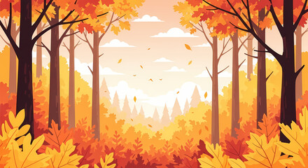 Autumn forest with orange leaves and sunlight filtering through trees. Perfect for seasonal or nature illustrations.