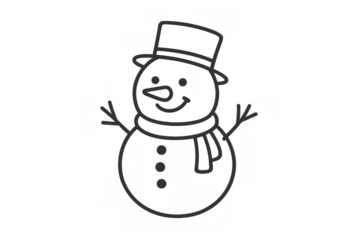 Snowman outline illustration with top hat and scarf on transparent background, symbol of winter and christmas holiday