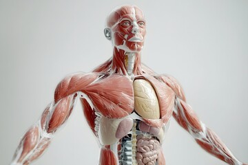 stylized 3D human anatomy diagram, muscles semi-transparent to reveal internal organ systems
