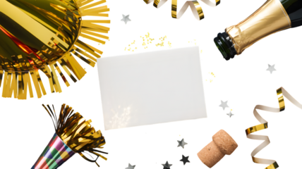 Celebrate with champagne, confetti and copy space for your message, isolated on white background.
