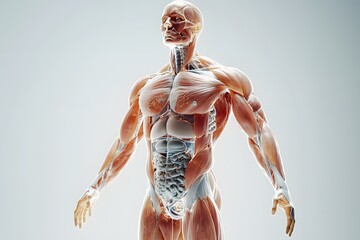 stylized 3D human anatomy diagram, muscles semi-transparent to reveal internal organ systems

