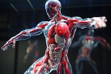 stylized 3D human anatomy diagram, muscles semi-transparent to reveal internal organ systems
