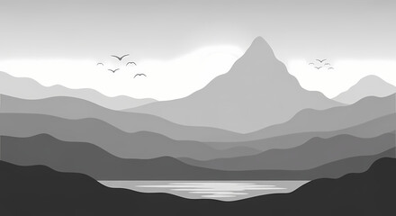 Minimalist grayscale mountain illustration showing depth and misty atmosphere. Suitable for adventure and nature designs.