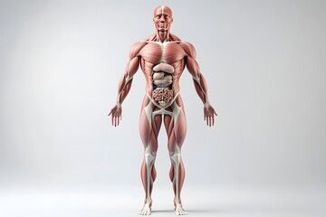 stylized 3D human anatomy diagram, muscles semi-transparent to reveal internal organ systems
