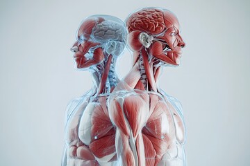 stylized 3D human anatomy diagram, muscles semi-transparent to reveal internal organ systems
