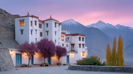 Ancient whitewashed monastery complex bathed in warm twilight glow under pastel pink and purple sky with snow capped mountains in background and colorful trees in foreground