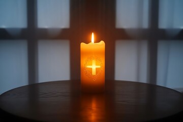 candle light with cross symbol in dark corner. Quiet praying time