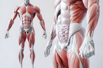stylized 3D human anatomy diagram, muscles semi-transparent to reveal internal organ systems
