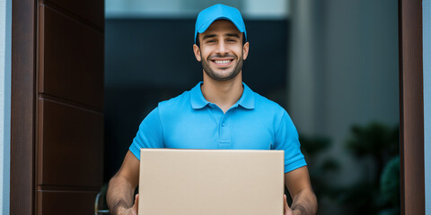 Smiling delivery person in blue uniform holds package at doorway, conveying sense of reliability and friendliness. background suggests residential setting