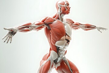 stylized 3D human anatomy diagram, muscles semi-transparent to reveal internal organ systems
